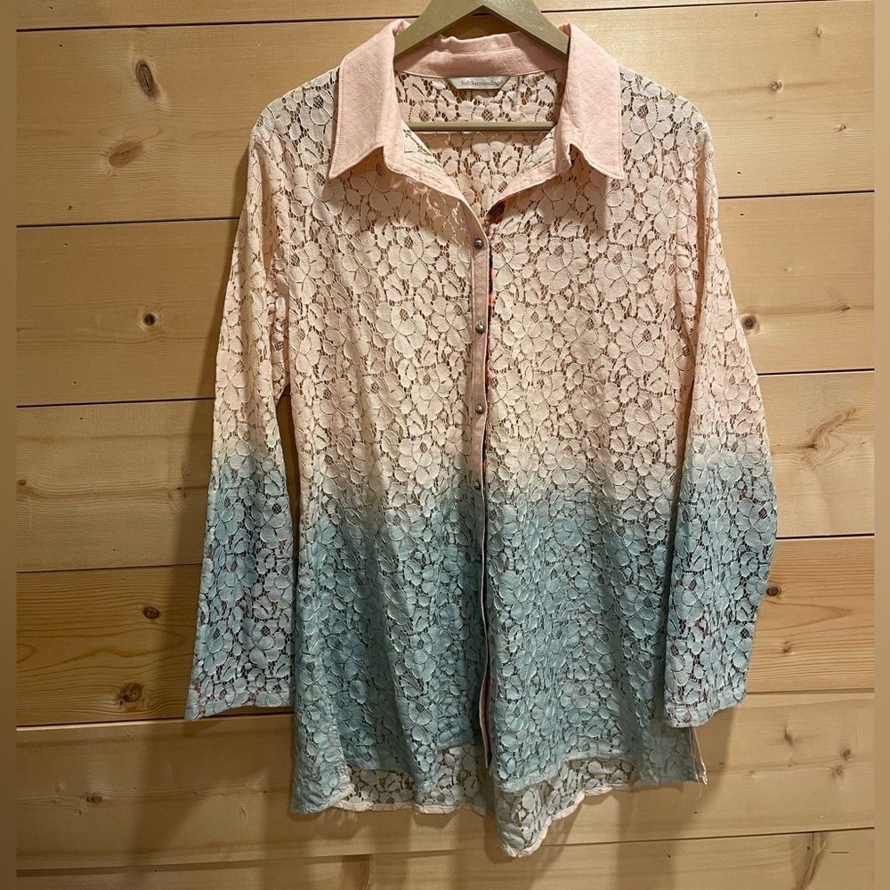 PINK & AQUA COLORED, L/S  LACEY BLOUSE, SOFT SURROUNDINGS LABEL, SZ. M